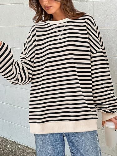 PRETTYGARDEN Womens Striped Oversized Sweatshirt Lightweight Fall Clothes | Stitching Crew Neck Sweatshirts Women, Long Sleeve Casual Loose Pullover Top, Color Block Y2K Outfits, Fashion Clothing thumbnail 2