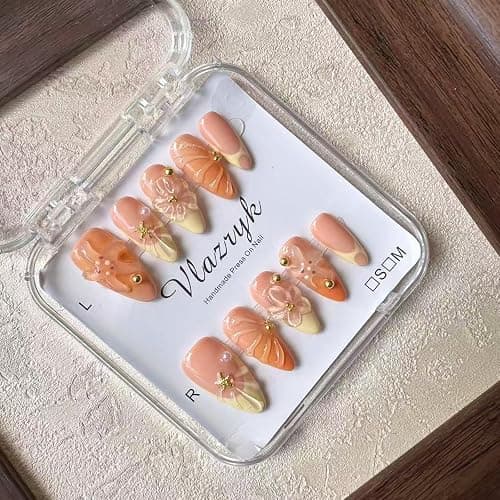 Handmade Press On Nails, Medium Almond Fake Nails with 3D Flowers & Metal Charms, Reusable Full Cover Acrylic Nails,Luxury Orange-Yellow Gradient French Tips for Women.(10PCS Size S) thumbnail 7