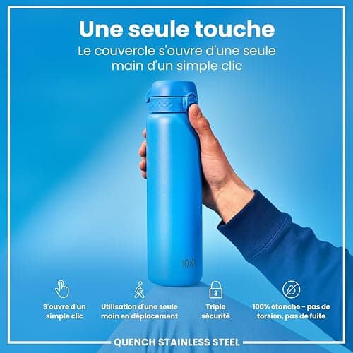 ION8 Gourde Inox Léger 1 Litre, Non Isolé, Anti-Fuite, Facile à Ouvrir, Verrouillage Sécurisé, Lavable au Lave-Vaisselle, Poignée de Transport, Acier Inoxydable, 1200ml, Bleu thumbnail 4