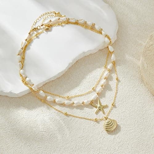 Seashell Starfish Necklace for Women Conch Shell Summer Pearl Beach 14k Gold Layered Dainty Choker thumbnail 5