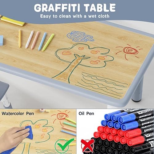 Brelley Kids Table and 6 Chairs Set, Height Adjustable Toddler Desk and Chair Set, Graffiti Desktop, Classroom/Daycare/Home, Children Multi-Activity Table for Ages 2-8 thumbnail 4