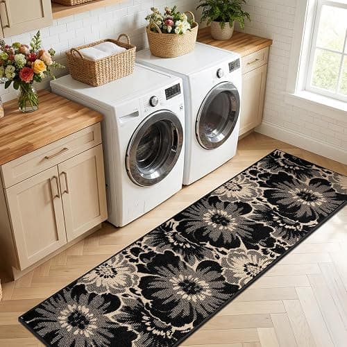 Findosom Hallway Runner Rug 2x8, Non Slip High-Low Textured Floral Washable Runner Rug with Rubber Backing, Boho Carpet Runner for Kitchen, Entryway, Bedroom, Laundry, Black & Beige thumbnail 9