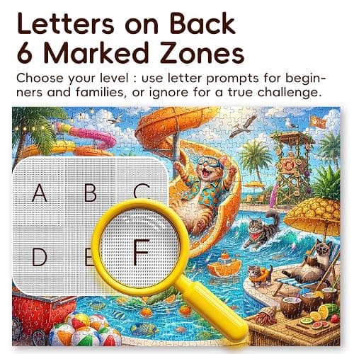 ROSE RAIN Premium 500 Piece Jigsaw Puzzle for Adults Funny Cat Water Park | Orange splash summer art with letters on back and dust-free thick HD board for relaxing solo play, family fun and cool gifts. thumbnail 3