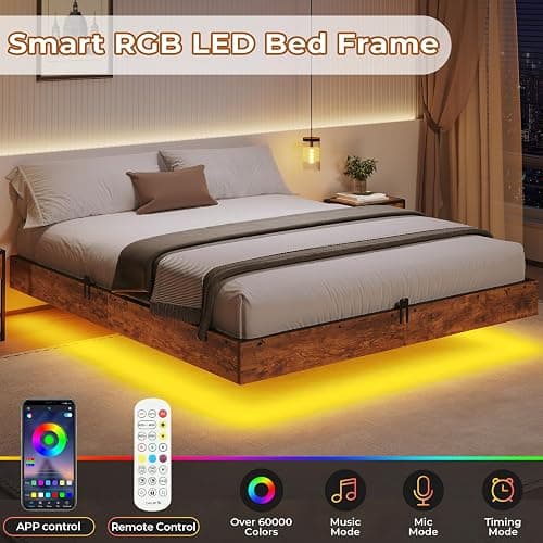 BTHFST Floating Bed Frame Queen Size with LED Lights, Industrial Wooden Metal Queen Platform Bed, Solid and Stable, Noise Free, No Box Spring Needed, Easy Assembly thumbnail 3