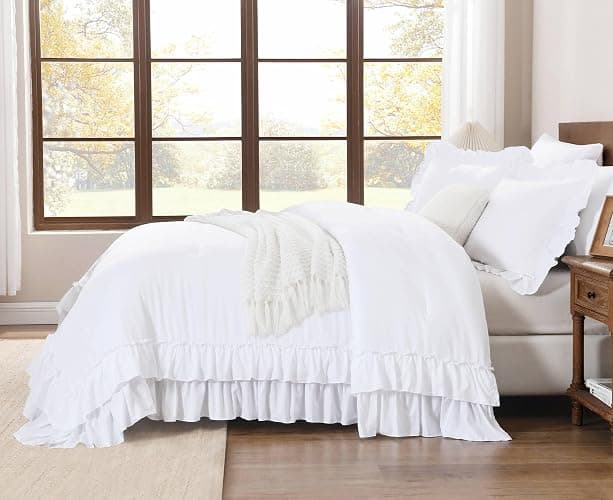 Andency White Comforter Set Queen Size, Lightweight Fluffy Farmhouse White Ruffle Bedding Set, Soft Microfiber All Season Shabby Chic Bed Comforter Set 3 Pieces(1 Ruffle Comforter 2 Pillowcases) thumbnail 8