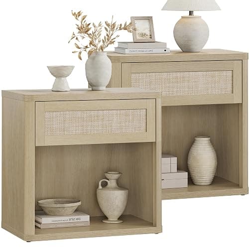 SICOTAS Night Stand Set of 2 26" Wide Large Nightstands with Drawer & Shelf Storage Rattan Bedside Table Boho End Table Tall Bed Side Tables Night Stands for Bedroom Living Room Sofa Office, Sand Oak - Image 1