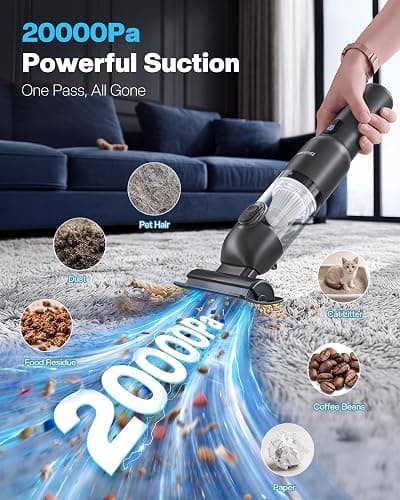 Car Vacuum 4-in-1 Small Handheld Vacuum w/ 20000Pa Suction, Cordless Hand Held Vacuum Rechargeable w/ Power Display, Portable Cordless Mini Car Vacuum with Led Light for Car Home Office Desk Keyboard thumbnail 3