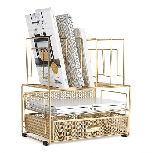 BLU MONACO | Gold Desk Organizer With Drawer | Metal Mesh File Holder & Vertical File Organizer | Desktop Storage for Office Supplies, Papers & Folders | 9.3" D x 13" W x 14" H - Image 1