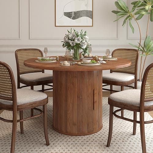 weselon 47 inch Round Dining Table for 4, Kitchen Table Dinner Table with 2-Layer Storage Shelf and Wood Slide Door for Home Dining Room Living Room (Walnut) thumbnail 7