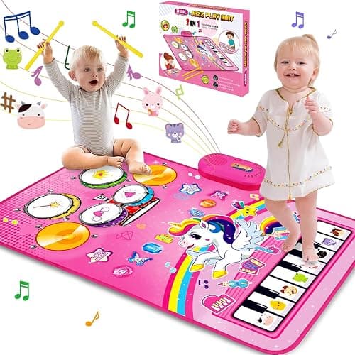 Toys for 1 Year Old Girl Gifts: Baby Music Mat Toddler Toys Age 1-2 - 3 in 1 Piano Drum Animal Touch Unicorn Toy - Infant Musical Toy 12-18 Months Babies Birthday Easter Gifts for 1 2 3 Year Old Girls - Image 1