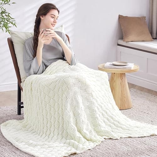 Wellfeel Knitted Weighted Blanket for Adult, No Beads Heavy Blanket 48” x 72'' 12lbs, Breathable Chunky Knit Blanket, Cooling Weighted Blanket for Hot Sleepers, Christmas Home Decor (Ivory White) thumbnail 7