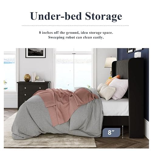Allewie Full Size Velvet Bed Frame/Vertical Channel Tufted Wingback Headboard/Upholstered Platform Bed/Strong Wooden Slats/No Box Spring Needed/Easy Assembly/Black thumbnail 6