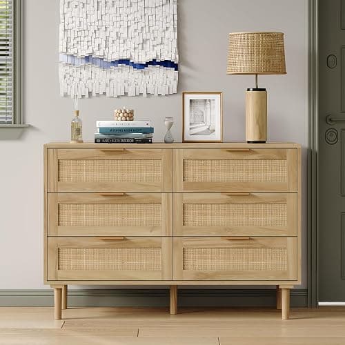Furniouse 6 Drawer Rattan Dresser for Bedroom Wood Boho Dressers with Solid-Wood Legs & Natural Real Rattan Drawer, Modern Chest of Drawers Beside Table for Bedroom, Living Room thumbnail 3