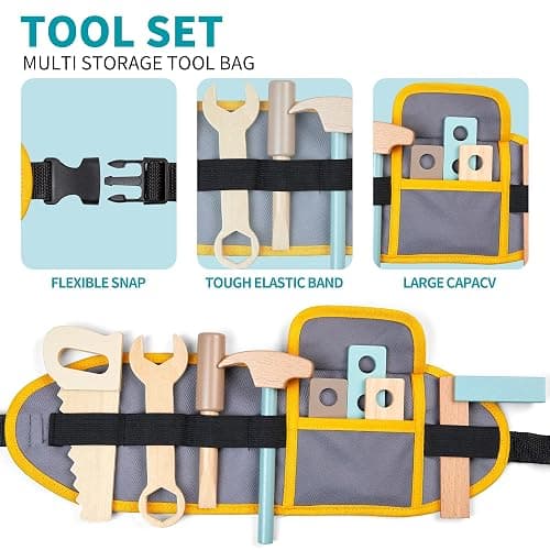 Kids Tool Bench,Wooden Play Tools Set with Kids Tool Belt Toddlers Workbench Pretend Construction Tools Set Wooden Toy Drill Gift for Boys & Girls Age 3-5 thumbnail 4