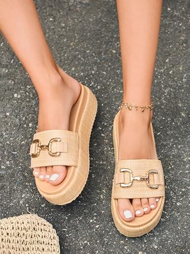 Coutgo Womens Platform Sandals Raffia Espadrilles Metal Chain Slip on Open Toe Cute Beach Slide Sandals thumbnail 2