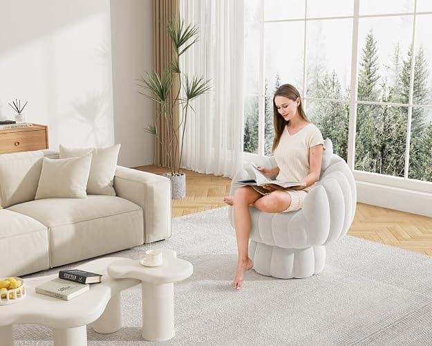 Mistpople Mid Century Modern 360 Degree Barrel Swivel Accent Sofa Chair,Fluffy Velvet Fabric Lounge Wide Upholstered Pumpkin Reading Chair, Round Cloud Armchair for Living Room,Bedroom,Vanity(Beige) thumbnail 5
