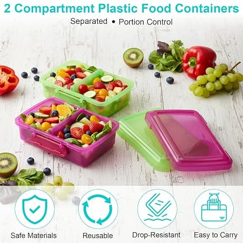 FoldTier 8 Pack Plastic Snack Containers with Lids 2 Compartment Snacks Bento Boxes Reusable Travel Snack Containers for Adults Food Lunch Container Box for Take out Meal Prep Lunch Travel Picnics thumbnail 4