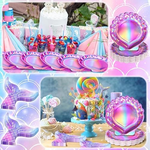 Qeeenar 100 Pcs Mermaid Party Supplies Iridescent Pink Mermaid Plates and Napkins Paper Seashell Plates Tail Napkins Party Decorations for Birthday Baby Shower thumbnail 5