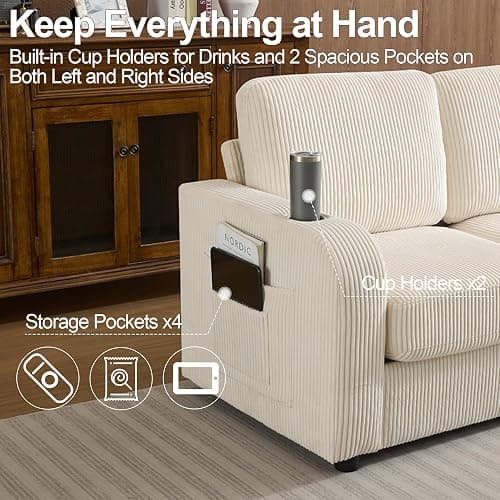 Abbrevi 87.4" Oversized 3 Seater Couch,Upholstered Sofa for Living Room,Modern Deep Seat Comfy Loveseat Couches with Cup Holders, Love Seat Sofa Corduroy (Beige) thumbnail 3
