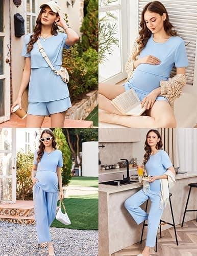 Ekouaer 3 Piece Postpartum Nursing Pajamas Set Short Sleeve Breastfeeding Shirts Pregnancy Shorts & Pants Maternity Pjs thumbnail 5