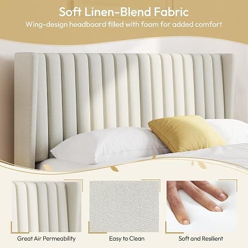 Yaheetech Queen Bed Frame Upholstered Platform Bed with Fabric Headboard, Wing Edge Design/Non-Slip and Noise-Free/Wooden Slats Support/No Box Spring Needed/Easy Assembly, Ivory Queen Bed thumbnail 5