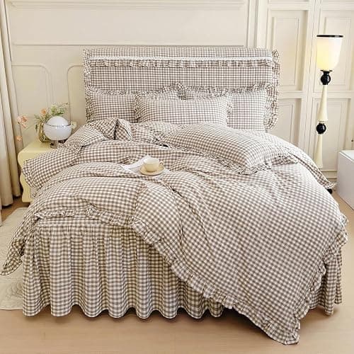 LifeTB Tan Gingham Comforter Set Full Vintage Ruffle Taupe Plaid Comforter Set 3 Pieces Soft Fluffy Grid Checkered Pattern Comforter with 2 Pillowcases Farmhouse Gingham Bedding Comforter Full thumbnail 2