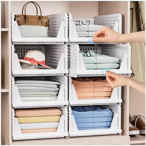 5 Pack Stackable Closet Storage Basket - Stackable Storage Bins, Multifunctional & Foldable Closet Organizer Waterproof, Wardrobe Cupboard Space-Saving Hat Storage Drawer Organizer, White thumbnail 2