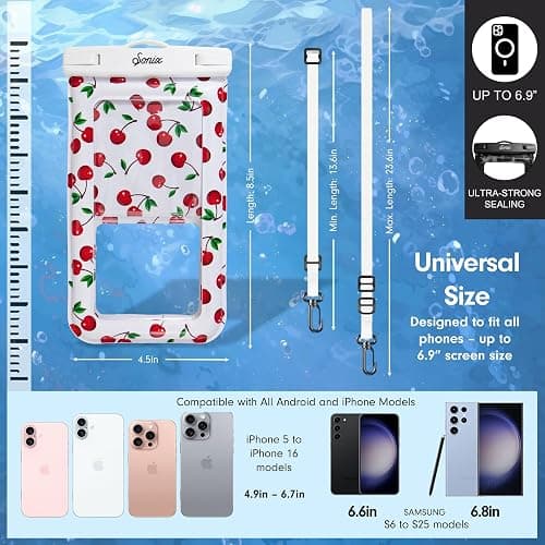 Sonix Waterproof Phone Pouch - Floating Phone Case Dry Bag w/Crossbody Lanyard - Beach Cruise Travel Essentials - Compatible w/All Devices, Touchscreen Friendly | Cherry on Top thumbnail 5