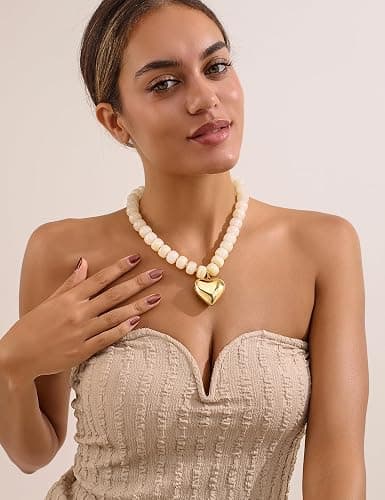 WOWORAMA Chunky Heart Necklaces for Women Colorful Resin Beaded Choker Necklace Gold Puffy Heart Statement Necklace Trendy Acrylic Choker Jewelry thumbnail 9