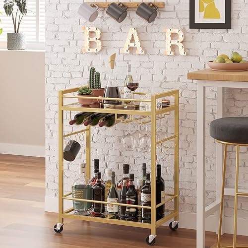 TUTOTAK Bar Cart, Serving Cart for Home, Drink Cart, Mobile Kitchen Shelf with Wine Rack and Glass Holder, Rolling Beverage Cart, Gold BC01BB031 thumbnail 4