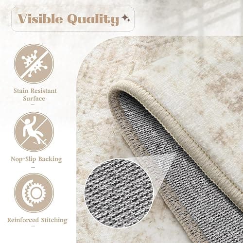 VECARF Area Rug 5x7 Washable Rug, Vintage Boho Medallion Rugs Non-Slip Soft Low Pile Large Distressed Rug Indoor Retro Carpet for Living Room Bedroom Dining Room Home Office (Beige, 5'x7') thumbnail 6