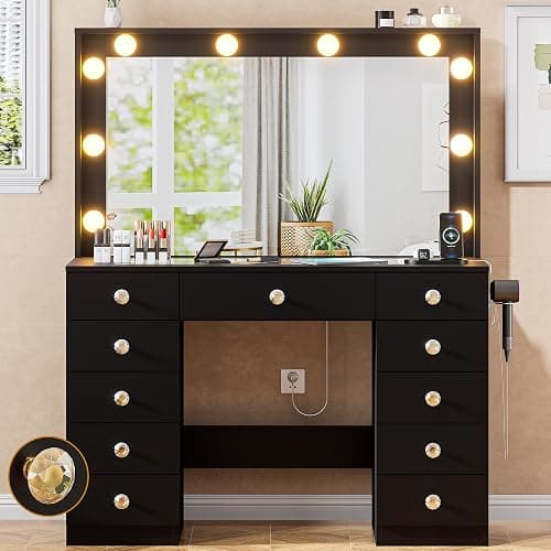 DINGIPP 43.3" Vanity with Large Mirror and 10 LED Lights, Vanity Desk with Glasstop, 11 Drawers with Crystal Handles, Dressing Table with Power Outlet as Gift for Women, Girls (Black) thumbnail 3