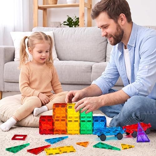 Gemmicc 100 PCS Magnetic Tiles with 2 Cars, STEM Approved Educational Magnet BuildingToys, Magnet Puzzles Stacking Blocks for Boys Girls thumbnail 9