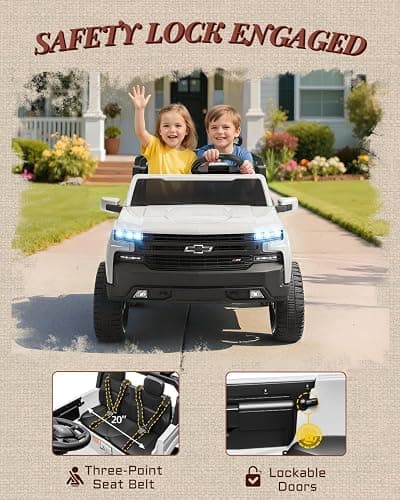 First Ride On 24V 2 Seater Ride on Car for Kids, Licensed Chevrolet Silverado Electric Car for Kids with Remote Control, Ride on Truck with Bluetooth, LED Lights and Seat Belts (White) thumbnail 4