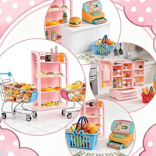 164Pcs Mini Shopping Cart Basket Miniature Food Drink Toy Supermarket Metal Handcart Trolley DollHouse Store Grocery Accessories Kitchen Play Game Party Model Shelves Cash Register Refrigerator Fridge thumbnail 5