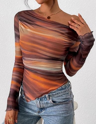 PRETTYGARDEN Womens Fall Trendy Off Shoulder Y2k Tops 2026 Tie Dye Mesh Long Sleeve Shirts Asymmetrical Ruched Floral Blouse thumbnail 4