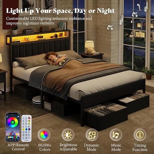 AMERLIFE Queen Bed Frame with LED Light and 2 Storage Drawers, Metal Platform Bed with Storage Headboard, Velvet Upholstered, Heavy-Duty Slats, No Box Spring Needed, Easy Assembly, Black thumbnail 3