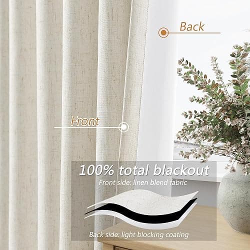 Guken Cream Linen Blackout Curtains 84 Inch Length 2 Panels Set for Living Room Bedroom Back Tab Thermal Insulated 100% Black Out Linen Drapes Room Darkening Window Curtains Ivory Natural thumbnail 4