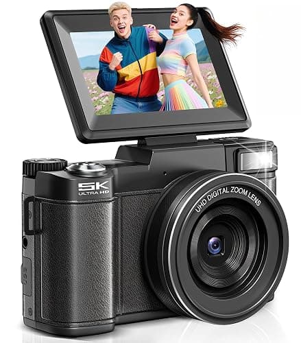 Digital Camera 5K, 64MP Cameras for Photography, YouTube Vlogging, 18X Zoom UHD Autofocus Compact Point and Shoot Flip Screen Camera with 64GB SD Card, 2 Batteries, Small Photo Camera for Kids, Teen - Image 1