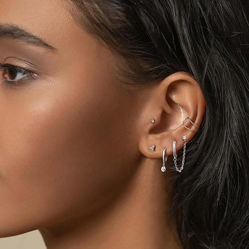 Adramata Chain Earrings for Women - 925 Sterling Silver Double Piercing Stud Hoop Earrings 14K Gold Huggie Earrings for Multiple Piercing CZ Drop Cartilage Helix Earrings for Teen Girls thumbnail 2