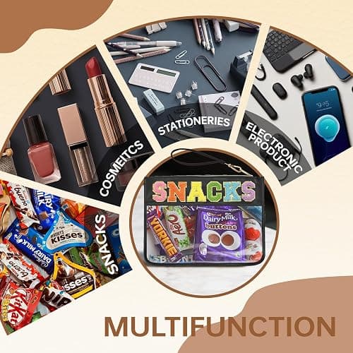 Burskit Snacks Bag Clear Chenille Varsity Letter Zipper Pouch Travel Makeup Bag Aesthetic Storage Organizer Pouches for Women with Glitter Patch Letters (Black-Snacks) thumbnail 4