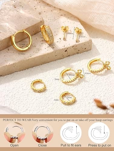 JeryWe Hypoallergenic Hoop Earrings for Women S925 Sterling Silver Post Chunky Cartilage Earring Stacks Non Tarnish 14K Gold Filled Small Hoops Stud Set Jewelry thumbnail 7