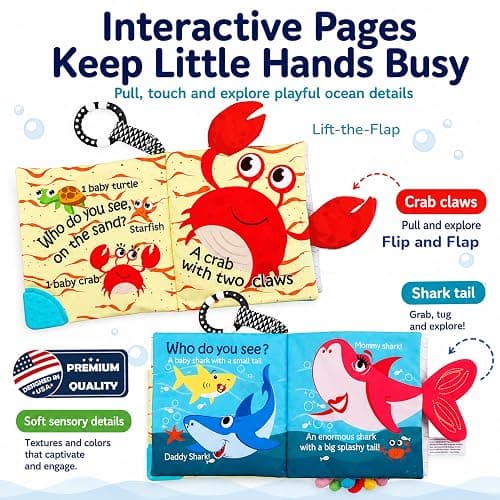Fish Baby Books Toys, Touch Feel Cloth Crinkle Books for Babies,Baby Infant Toys 0-6, 6-12,12-18 Months,Newborn,Early Learning Education, Baby Gifts Shower for Boys Girls,Teething, Mirror,Shark Ocean thumbnail 5