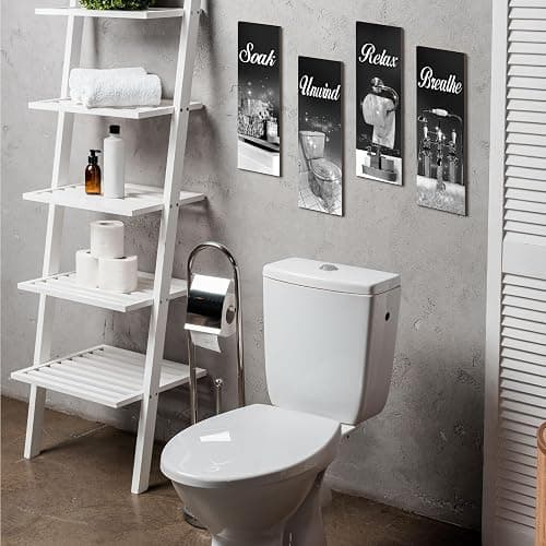 Honoson 4 Pcs Silver and Black Bathroom Decor Bathroom Picture Wall Art | Wooden, 11.8 x 3.9 Inch, Farmhouse Hanging Sign with Soak Unwind Relax Breathe, Wall Decor for Spa Laundry Home thumbnail 6