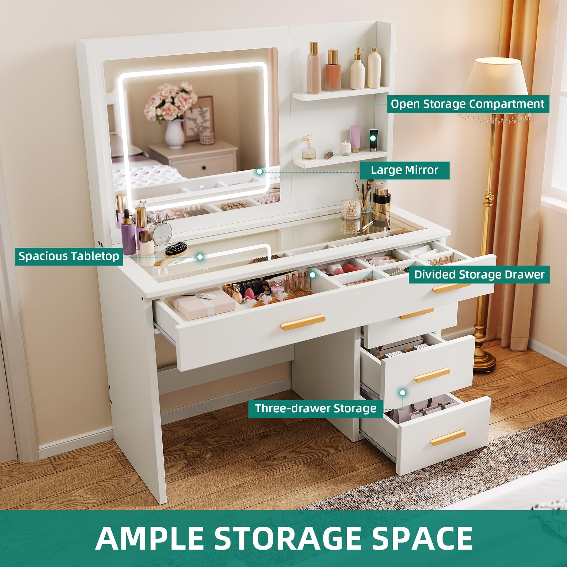 YITAHOME Makeup Table with Lighting, Dressing Table with Mirror, Dressing Table with Stool, Colours with Adjustable Brightness, Dressing Table with 5 Drawers, Open Compartments, Vanity Table, White thumbnail 2