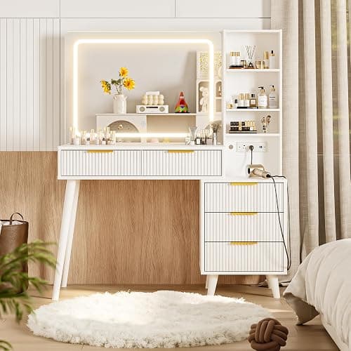 Vanity Desk with Mirror and Lights, Makeup Vanity Desk with Power Outlet, Makeup Desk with 5 Drawers&Storage Shelves, Vanity Table 3 Color Modes Adjustable Brightness Dressing Table Set for Bedroom thumbnail 7