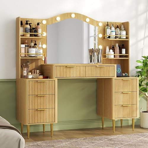 55" Big Fluted Vanity Desk with Mirror and Lights,Makeup Vanity with 8 Storage Drawers and 4 Storage Shelves,Glass Top & Power Outlet,3 Lighting Modes,Dressing Table for Women Girls Bedroom,Oak thumbnail 8
