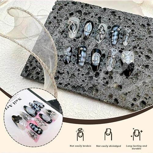 Celblisora 30 Stück Y2K Metallic Handgefertigte Schwarze Press-On-Nägel,Mittellange Mandelform,3D-Blumen,Silberne Wirbel,Schleifen- und Schmetterlingsanhänger,Dunkles Design Serie thumbnail 6