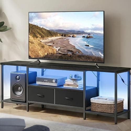 SONGMICS BELLAH Collection - TV Stand with Power Outlets and Lights, Entertainment Center Media Console for TVs Up to 70 Inches, Living Room, Shelves, Drawers, Modern, Ink Black ULGS420B101S - Image 1