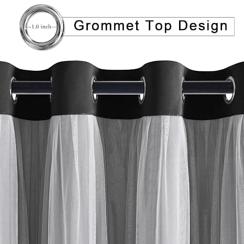 Hiasan Black Blackout Curtains with Sheer 84 Inches Long, Thermal Insulated Mix & Match Double Layer Room Darkening Curtains for Bedroom, Living Room, 2 Window Drape Panels with Tiebacks, 52W X 84L thumbnail 2